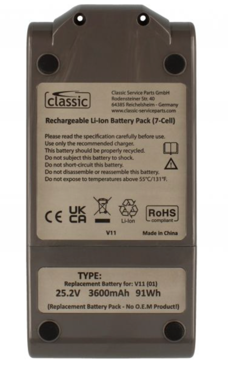 Dyson V11 batteri på 25,2 V.